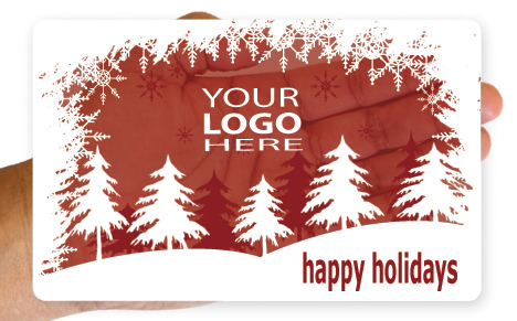 Clear holiday gift card with snowy forest design