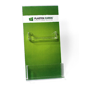 Gift card display stand with pocket for carrier